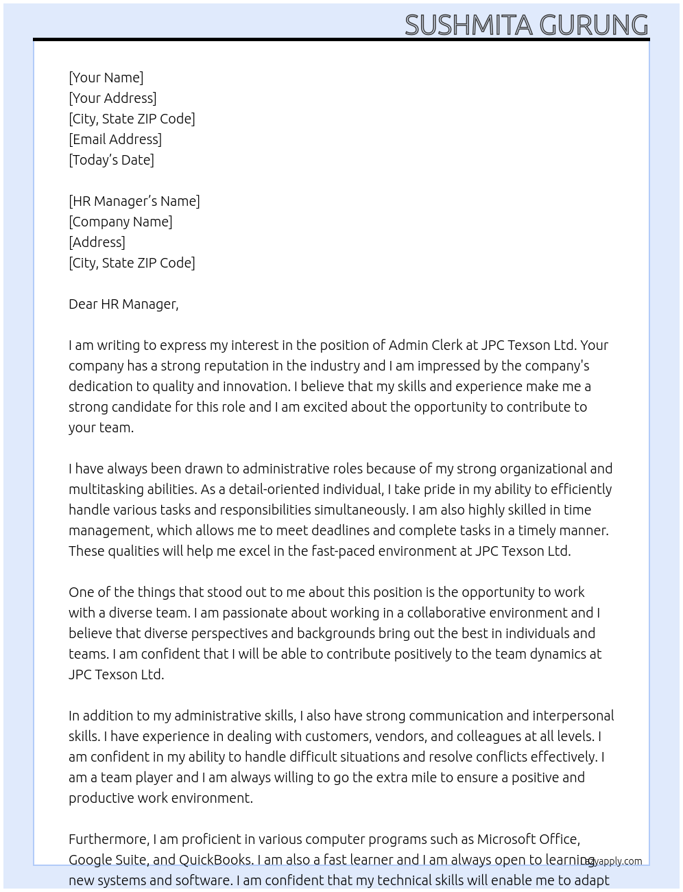 ADMIN CLERK At JPC TEXSON LTD Cover Letter