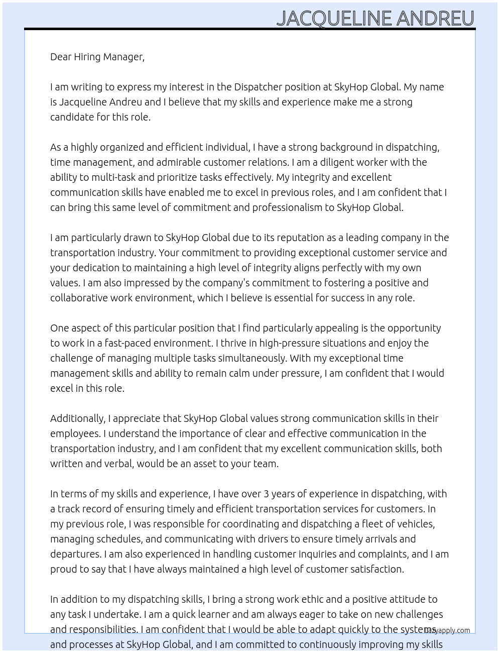 Dispatcher At SkyHop Global Cover Letter