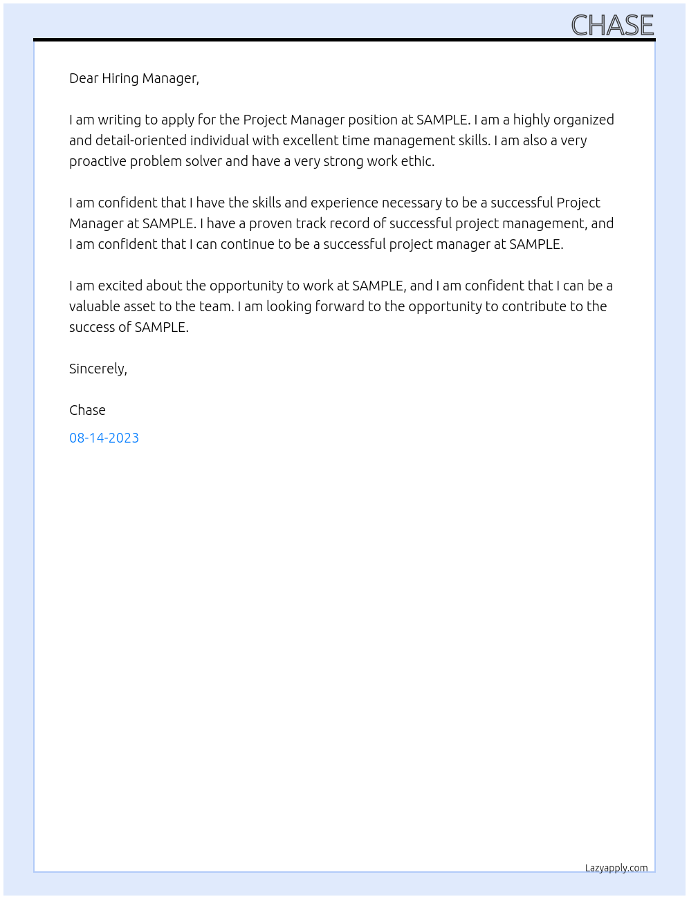 Project Manager At SAMPLE Cover Letter