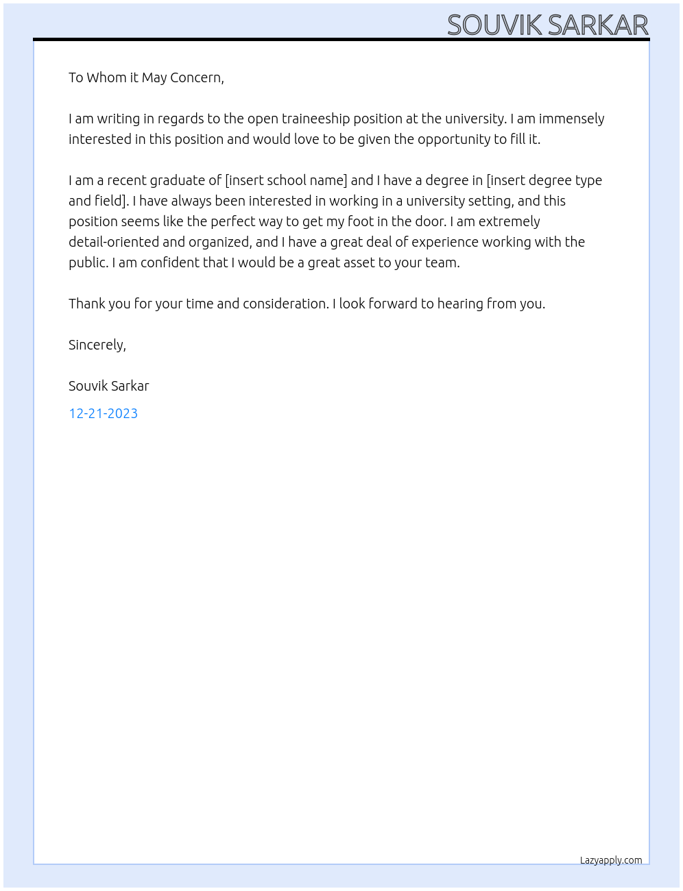 traineeship At university Cover Letter