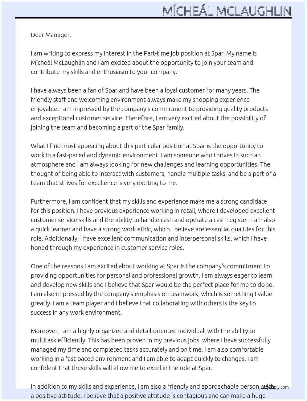 Part time job At Spar Cover Letter