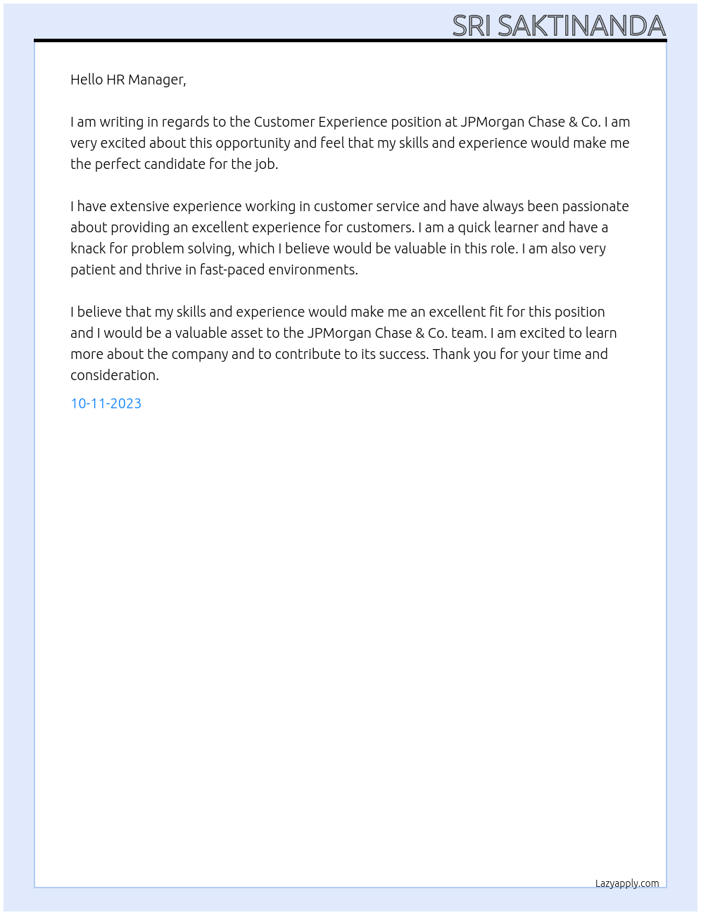 Customer Experience At JPMorgan Chase & Co. Cover Letter