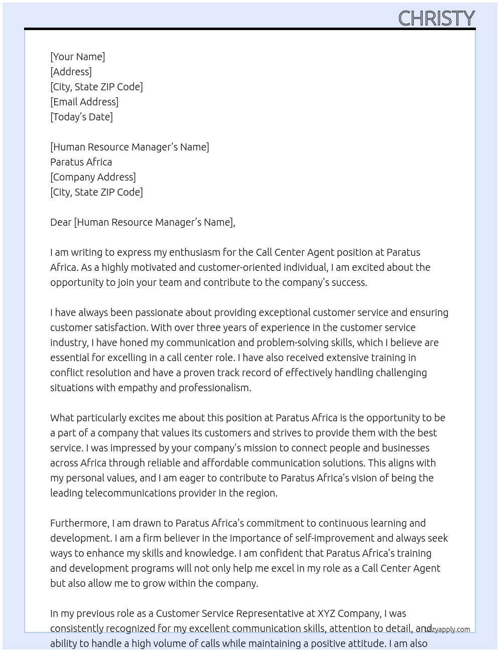 Call Center Agent At Paratus Africa Cover Letter