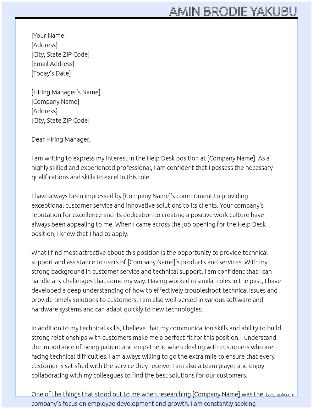 Help Desk At your company Cover Letter