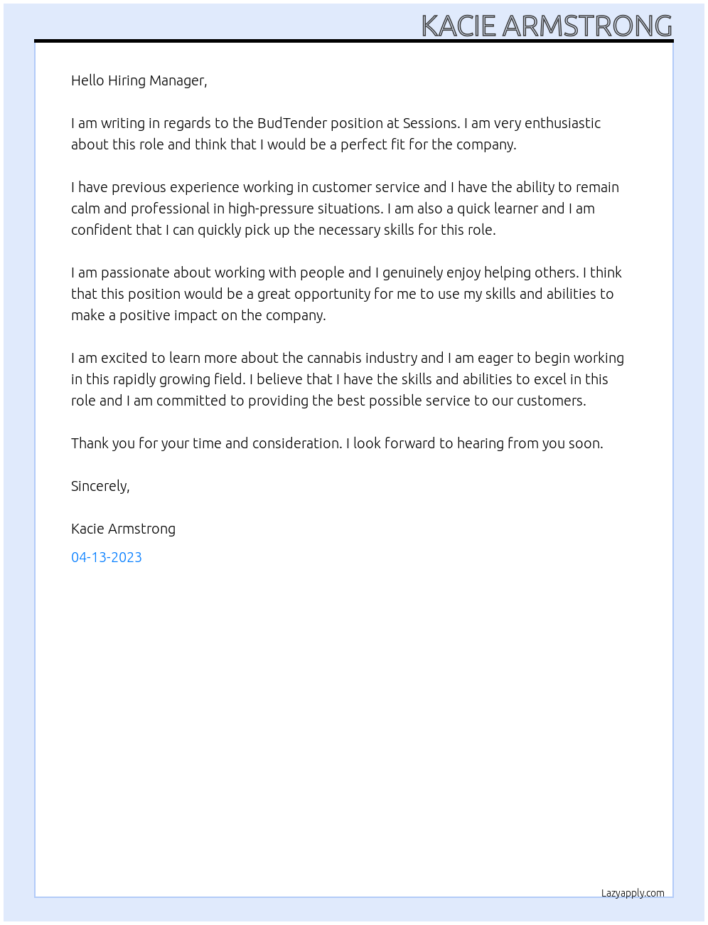 BudTender At Sessions Cover Letter