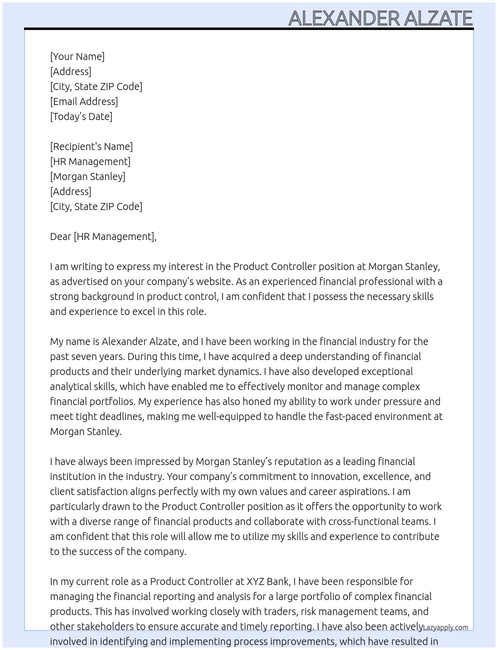product controller At Morgan Stanley  Cover Letter