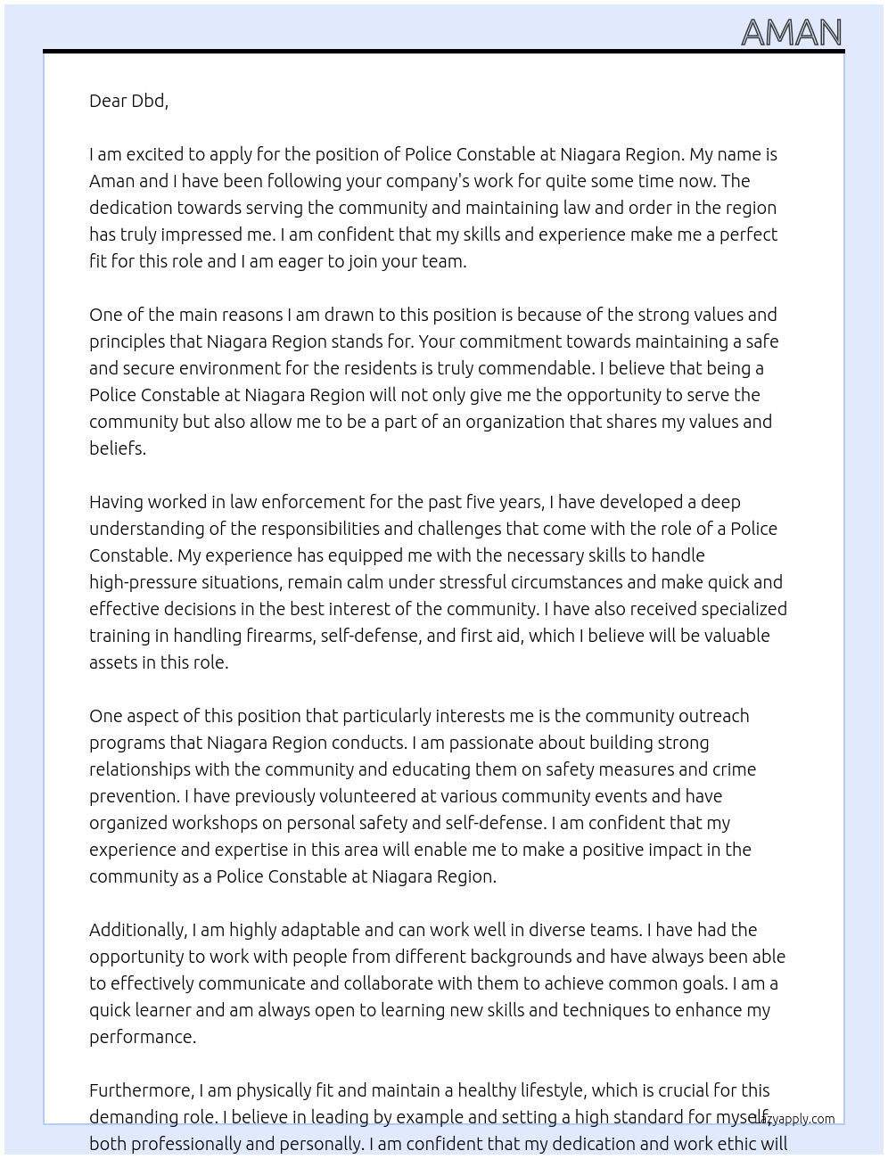 Police constable At Niagara region Cover Letter