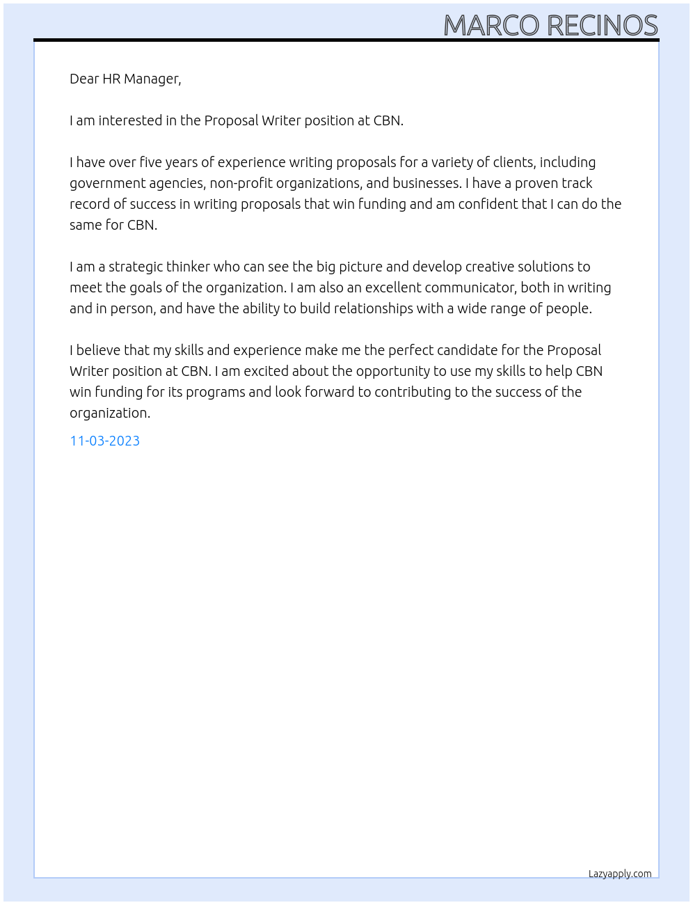 Proposal Writer At CBN Cover Letter