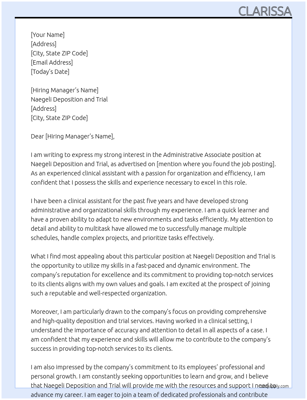 Administrative associate At naegeli deposition and trial Cover Letter