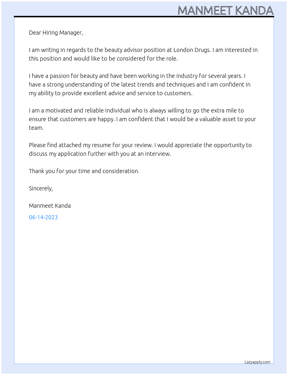 beauty advisor At London Drugs Cover Letter