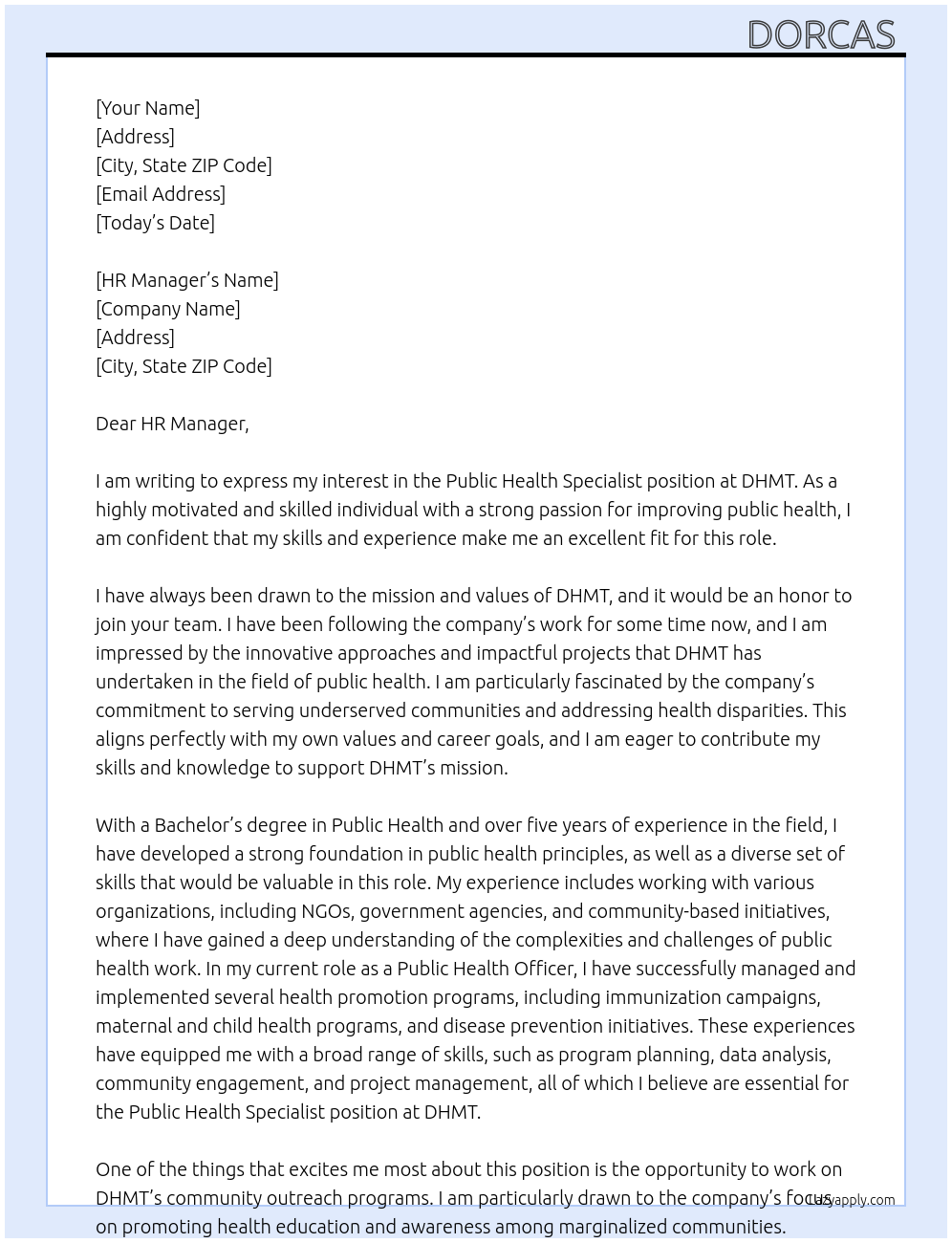 Public health specialist  At DHMT Cover Letter