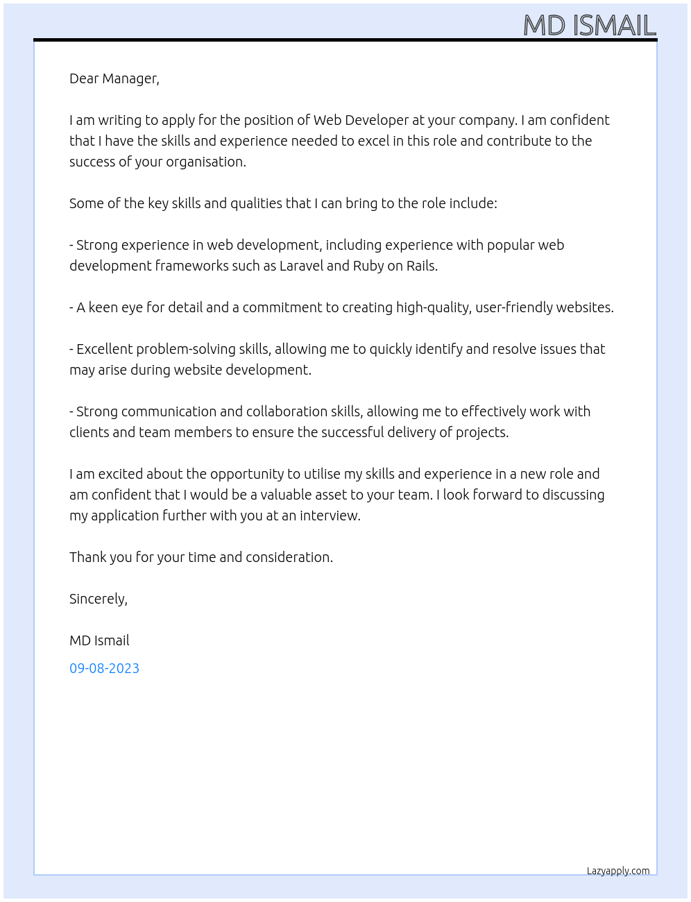Web Development At Sir/ Madam Cover Letter