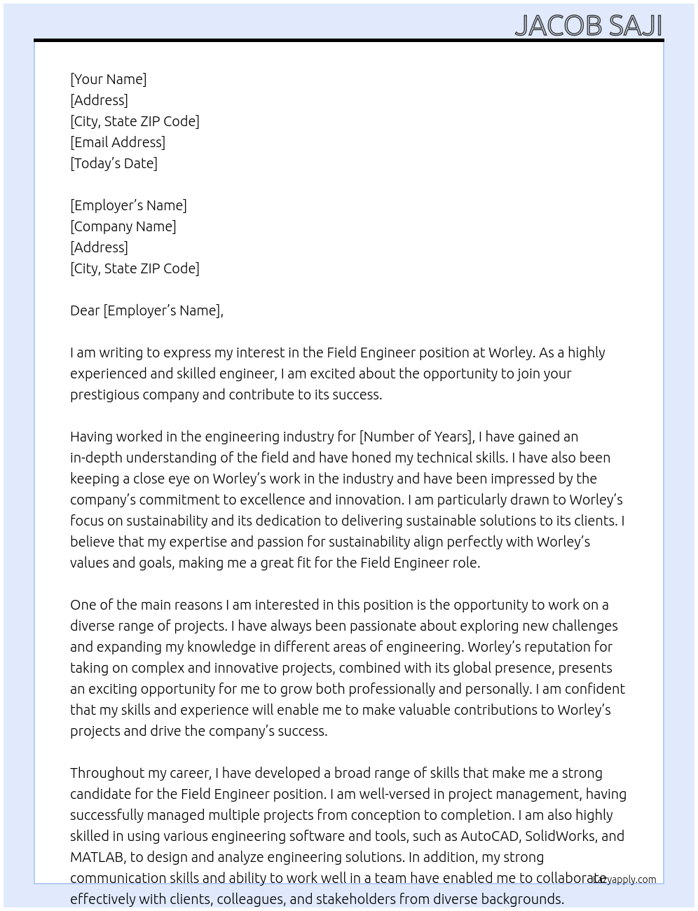 Field Engineer At Worley Cover Letter