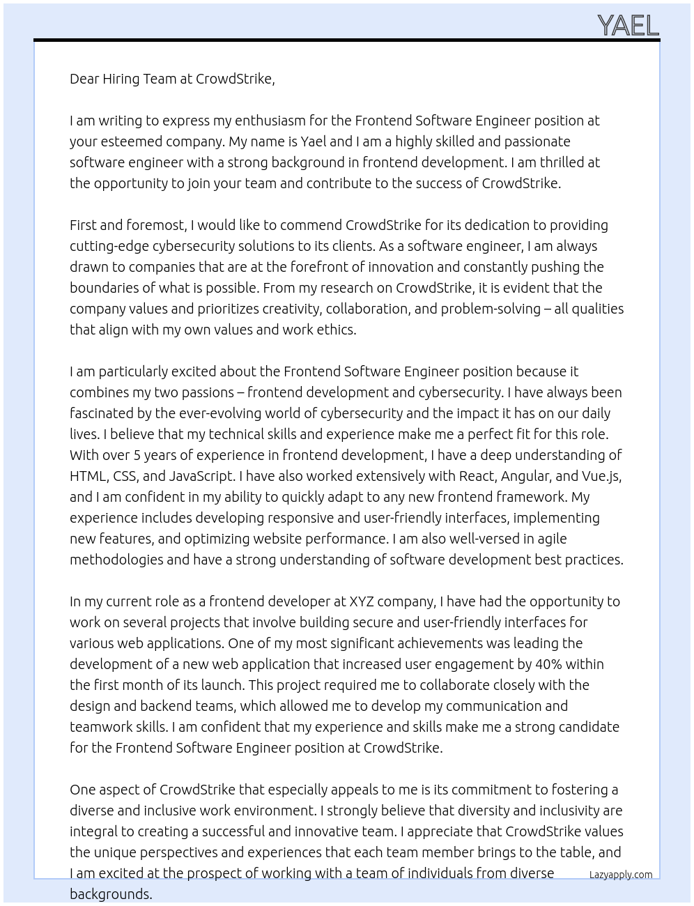 frontend software engineer At CrowdStrike Cover Letter