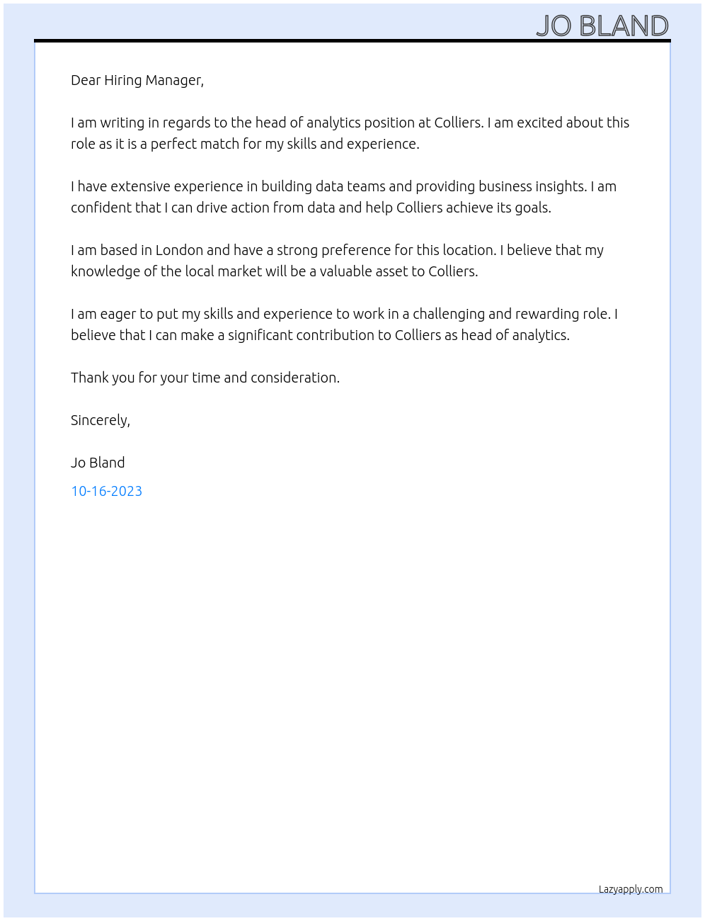 head of analytics At Colliers Cover Letter