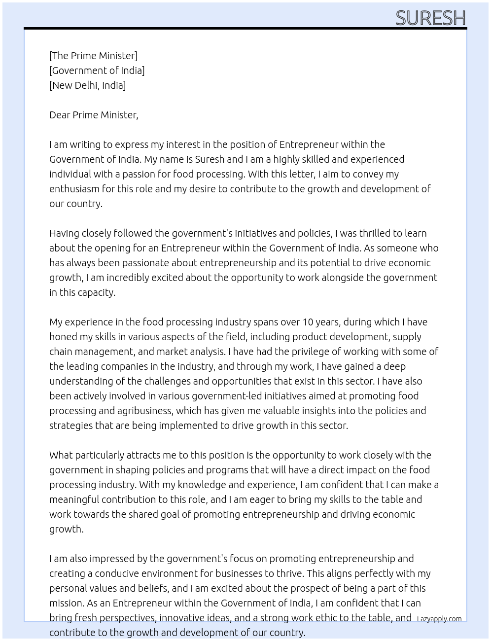 Entrepreneur At Goverment of India Cover Letter