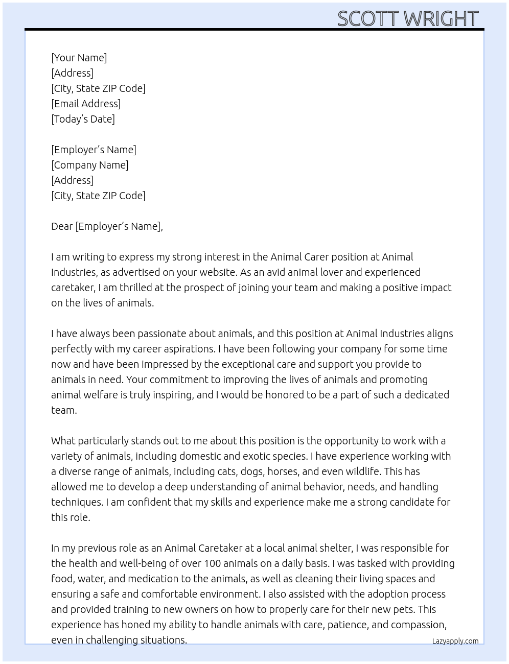 Animal Carer At Animal industries Cover Letter