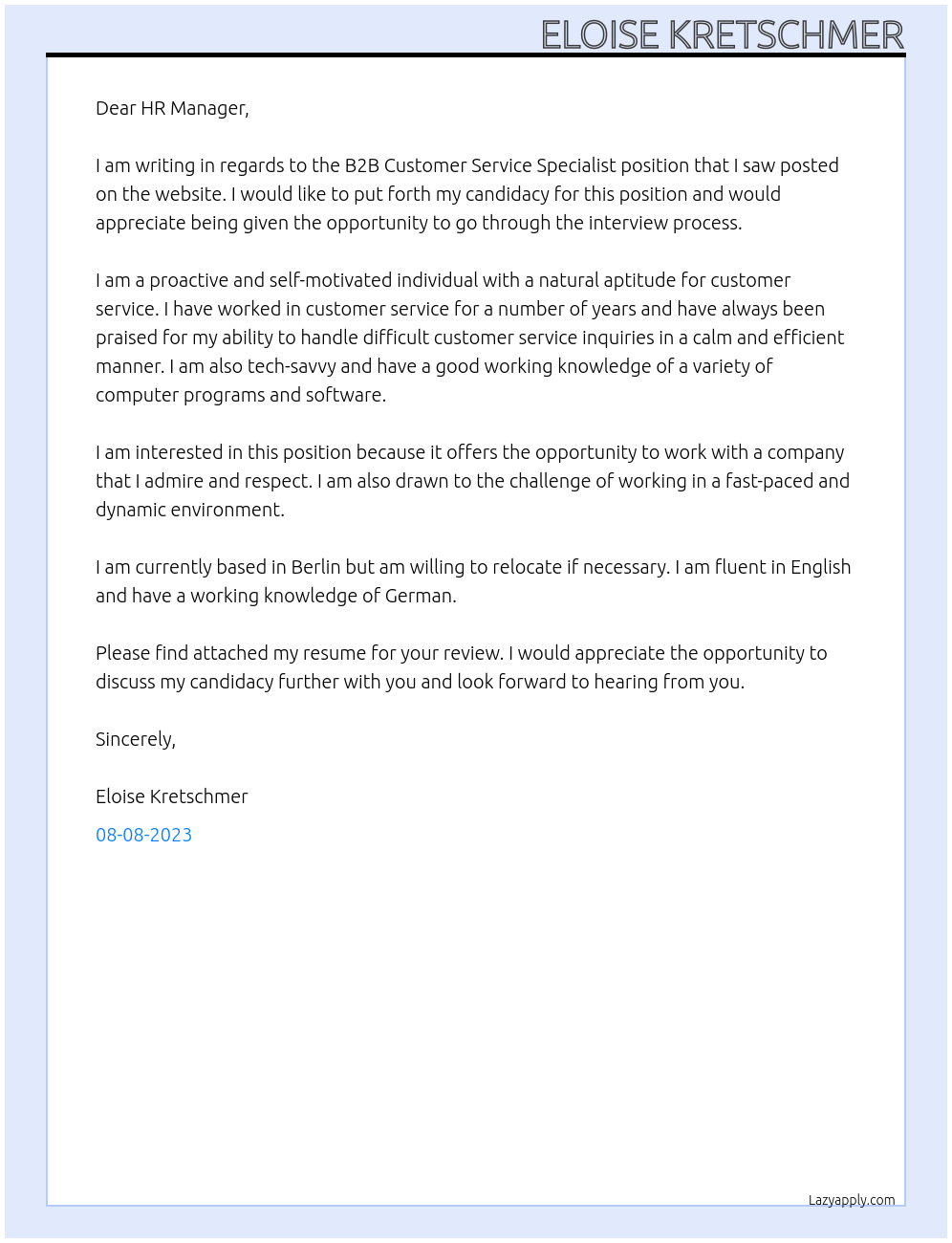 B2B Customer Service Specialist At Billie Cover Letter