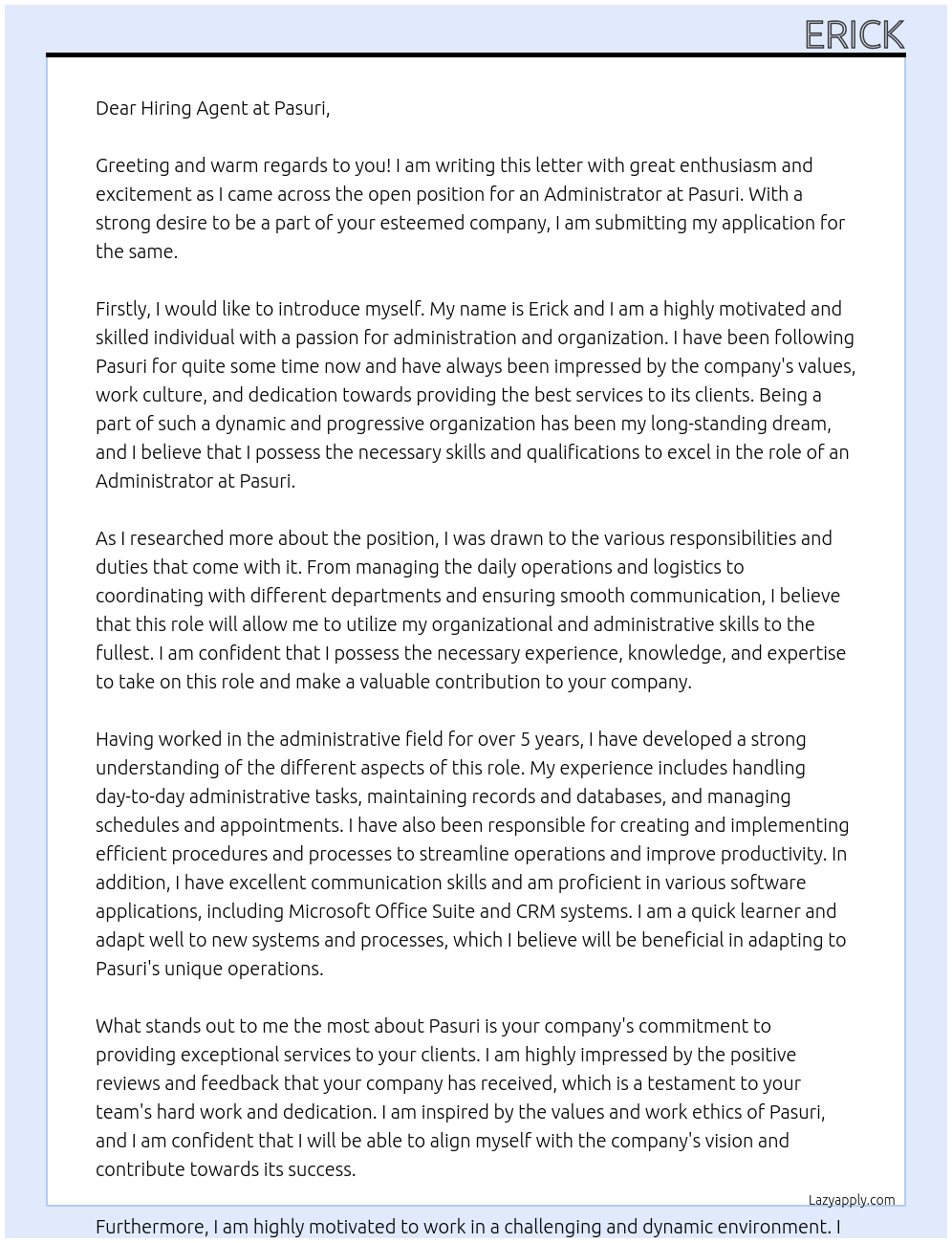 administrator At Pasuri  Cover Letter