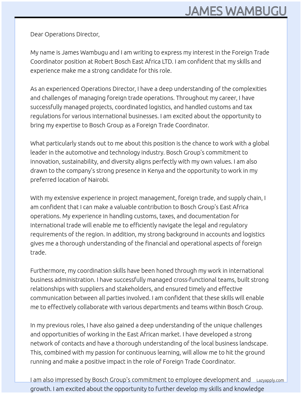  Foreign Trade Coordinator Kenya Bosch Group At Robert Bosch East Africa LTD Cover Letter