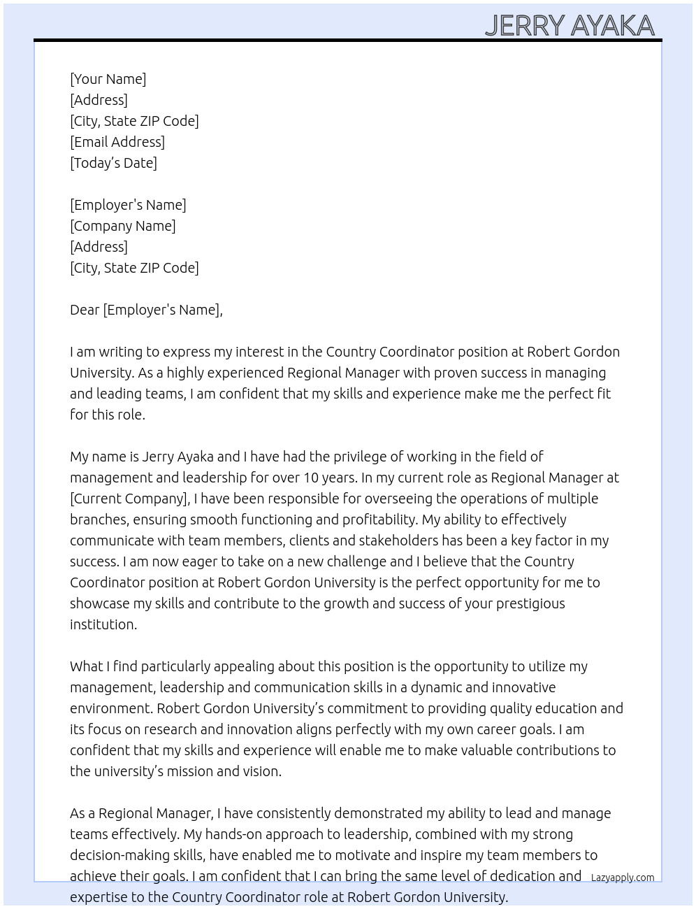 Country coordinator At Robert Gordon University Cover Letter