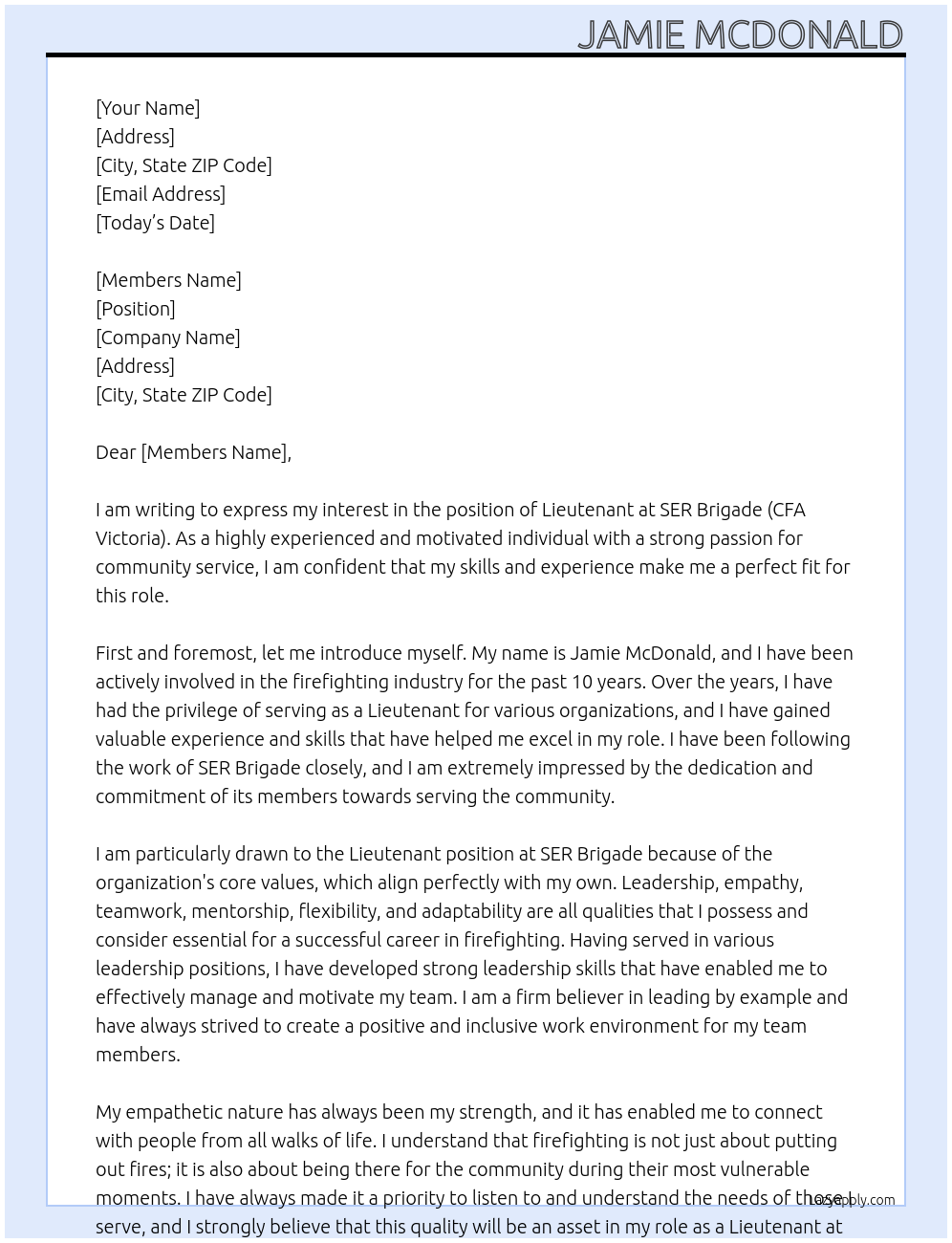 LIeutenant At SER Brigade (CFA Victoria) Cover Letter