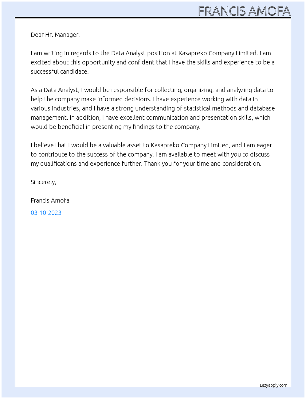 Data Analst At Kasapreko Company Limited Cover Letter