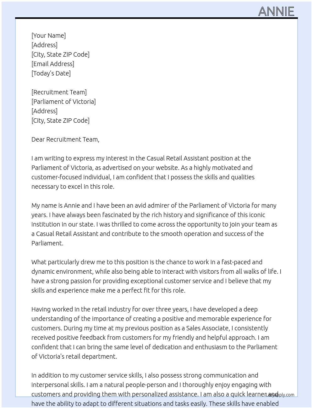 casual retail assistant At Parliment of victoria Cover Letter