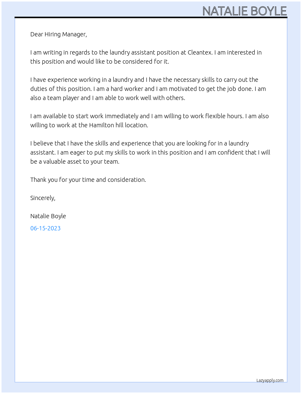 Laundry assistant At Cleantex Cover Letter