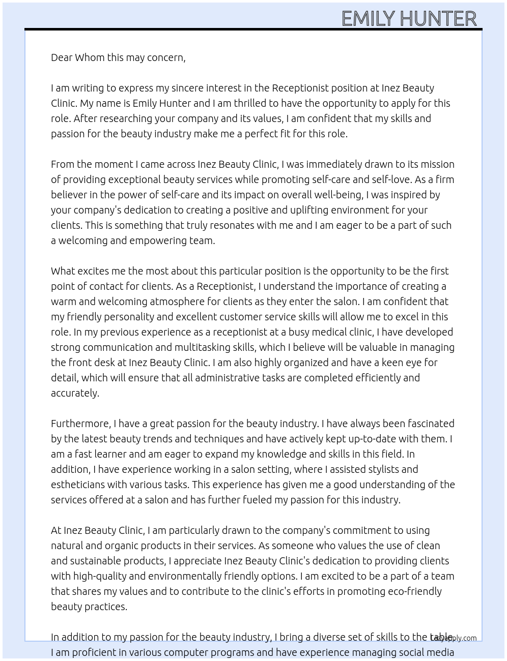 Receptionsit  At Inez Beauty Clinic Cover Letter