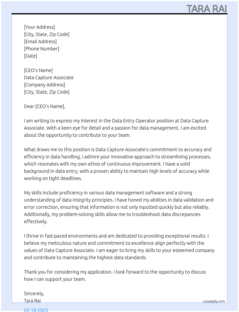 Data entry operator  At Data capture associate  Cover Letter