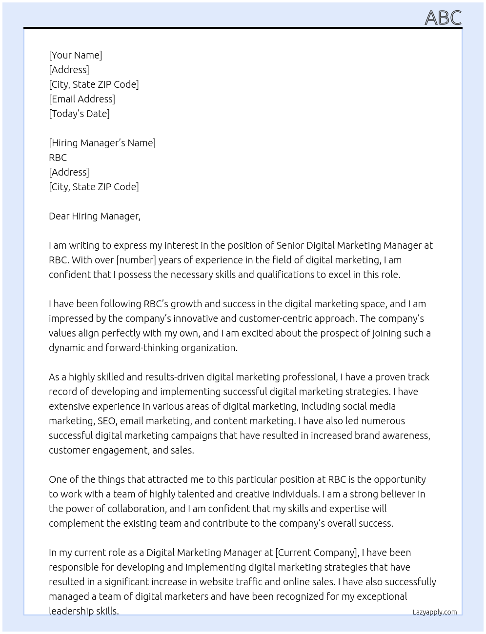 senior digital marketing manager At RBC Cover Letter