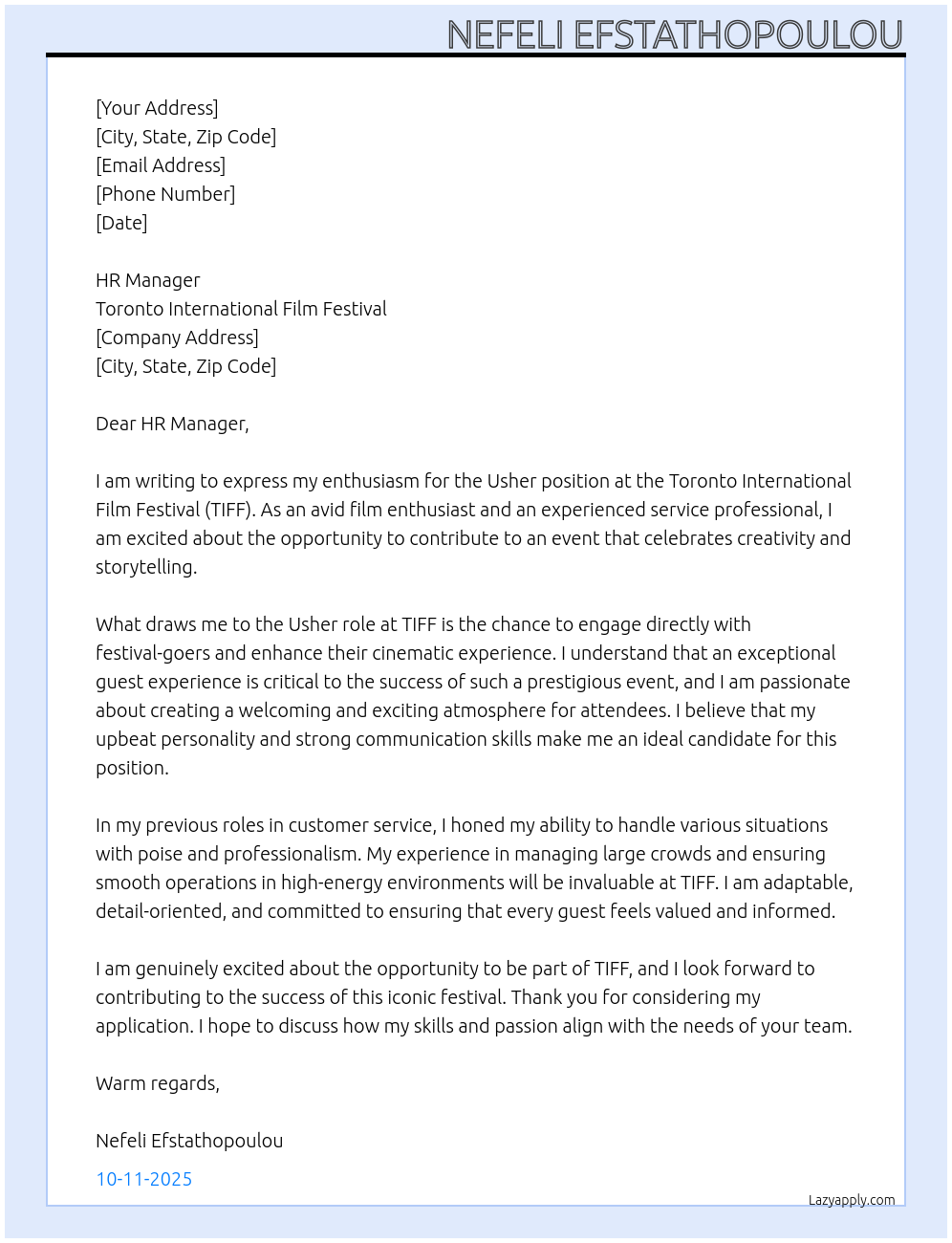 Usher  At Toronto International Film Festival  Cover Letter