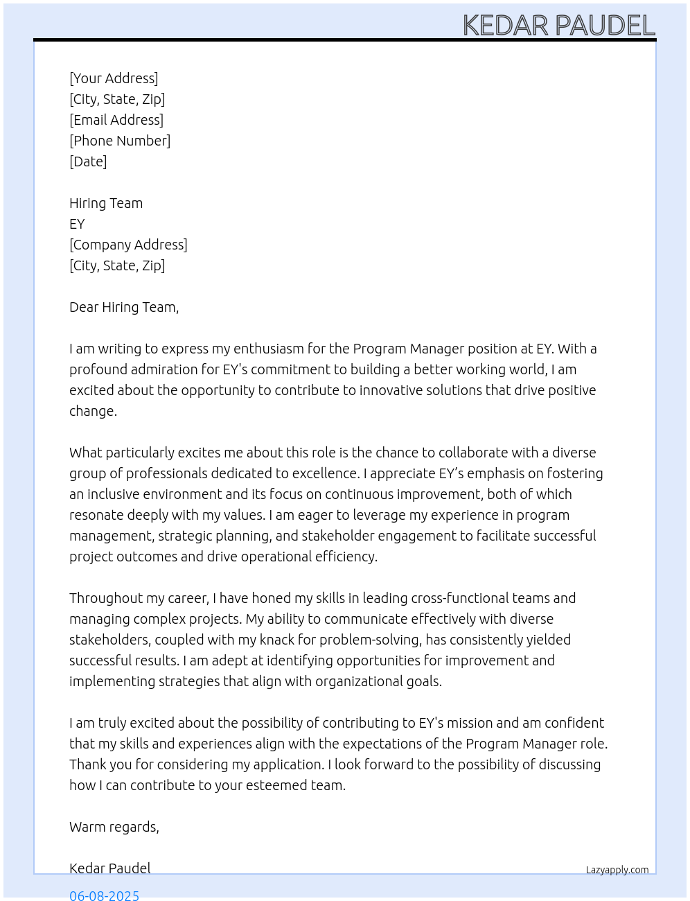 Program Manager At EY Cover Letter
