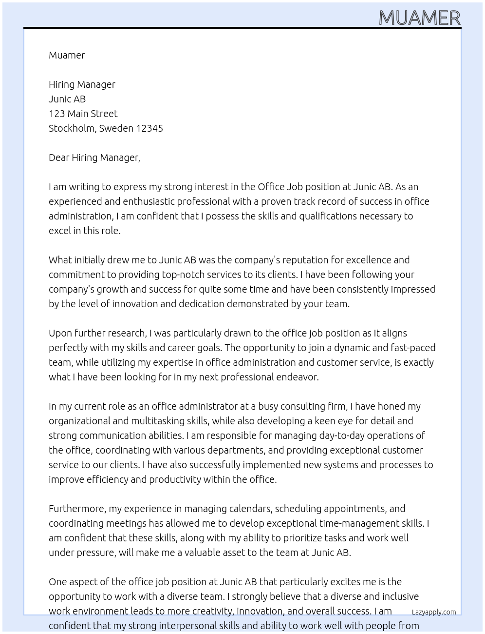 office job At Junic AB Cover Letter