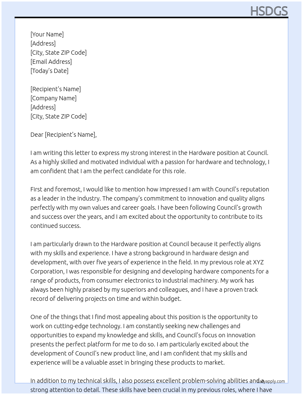 hardware At council Cover Letter