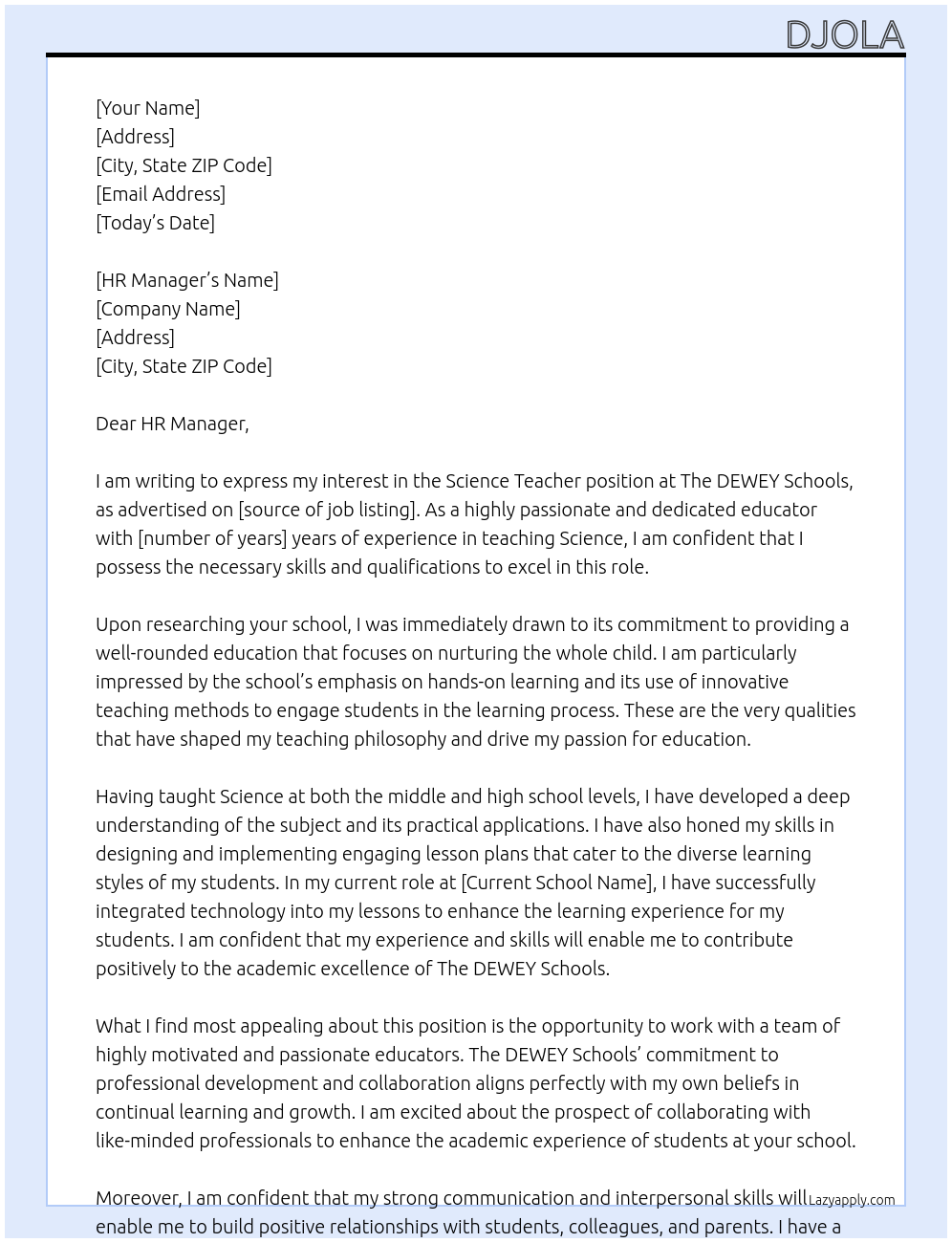 Science Teacher At The DEWEY Schools Cover Letter
