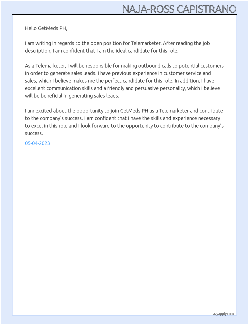 Telemarketer At GetMeds PH Cover Letter