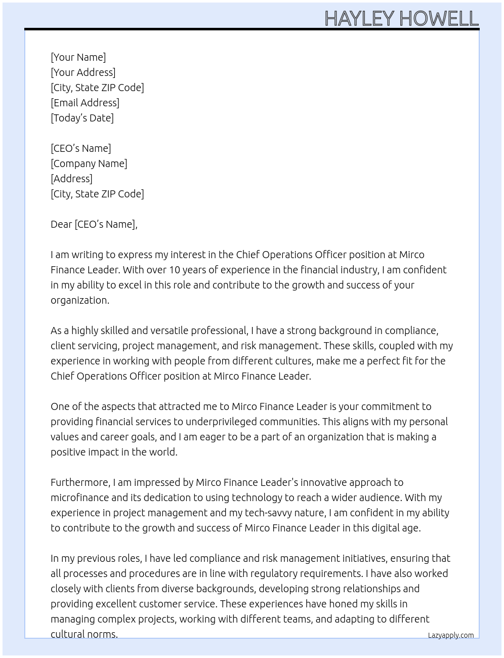 Chief Operations Officer At Mirco Finance Leader Cover Letter