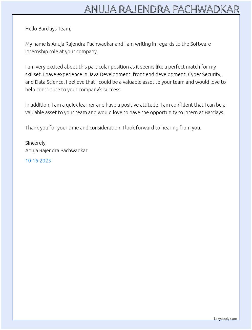 Software Internship At Barclays Cover Letter