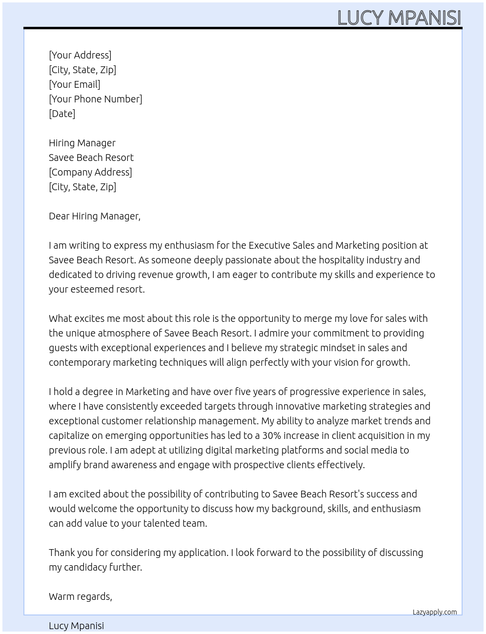 Cover letter for executive sales and marketing - LazyApply