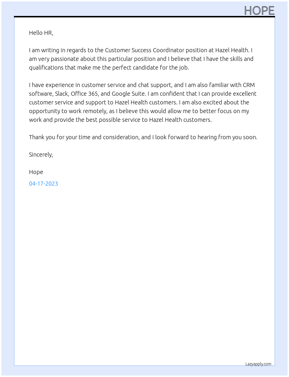 Customer Success Coordinator At Hazel Health Cover Letter