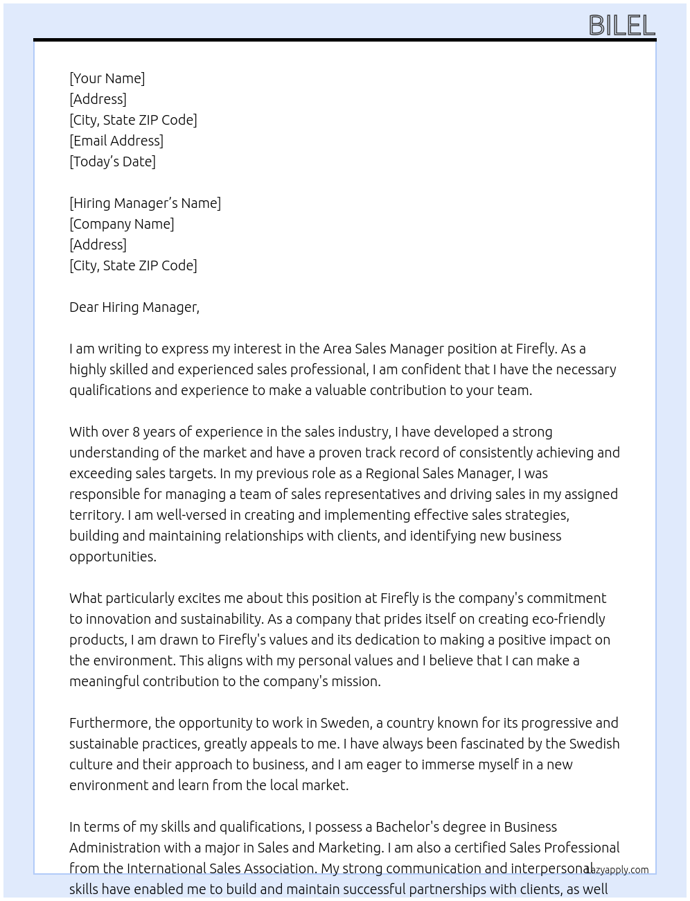 Area sales manager At Firefly Cover Letter