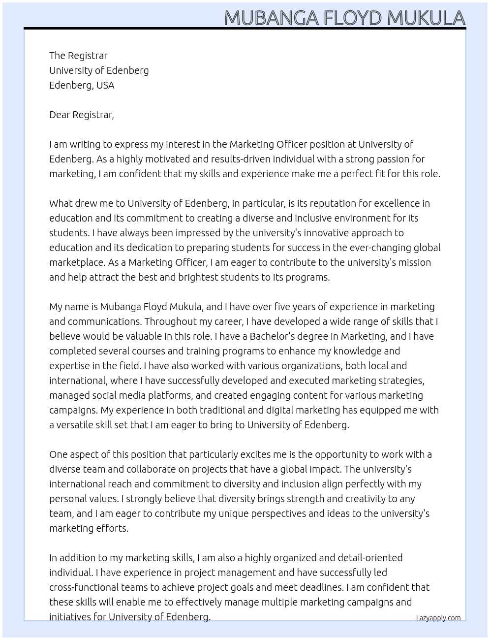 Marketing Officer At UNIVERSITY OF EDENBERG Cover Letter