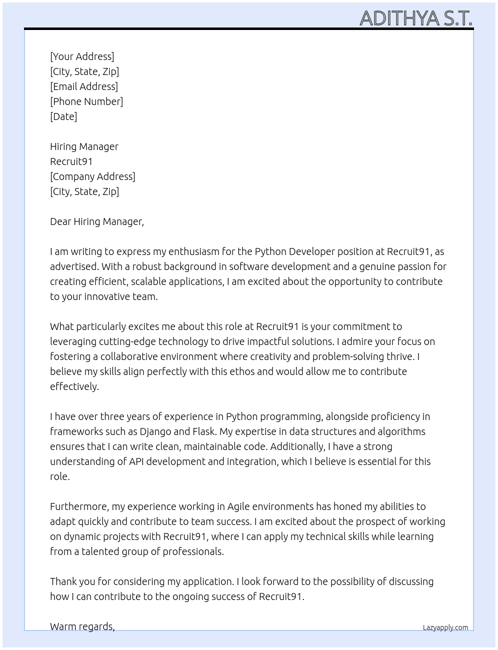 Python Developer At Recruit91 Cover Letter