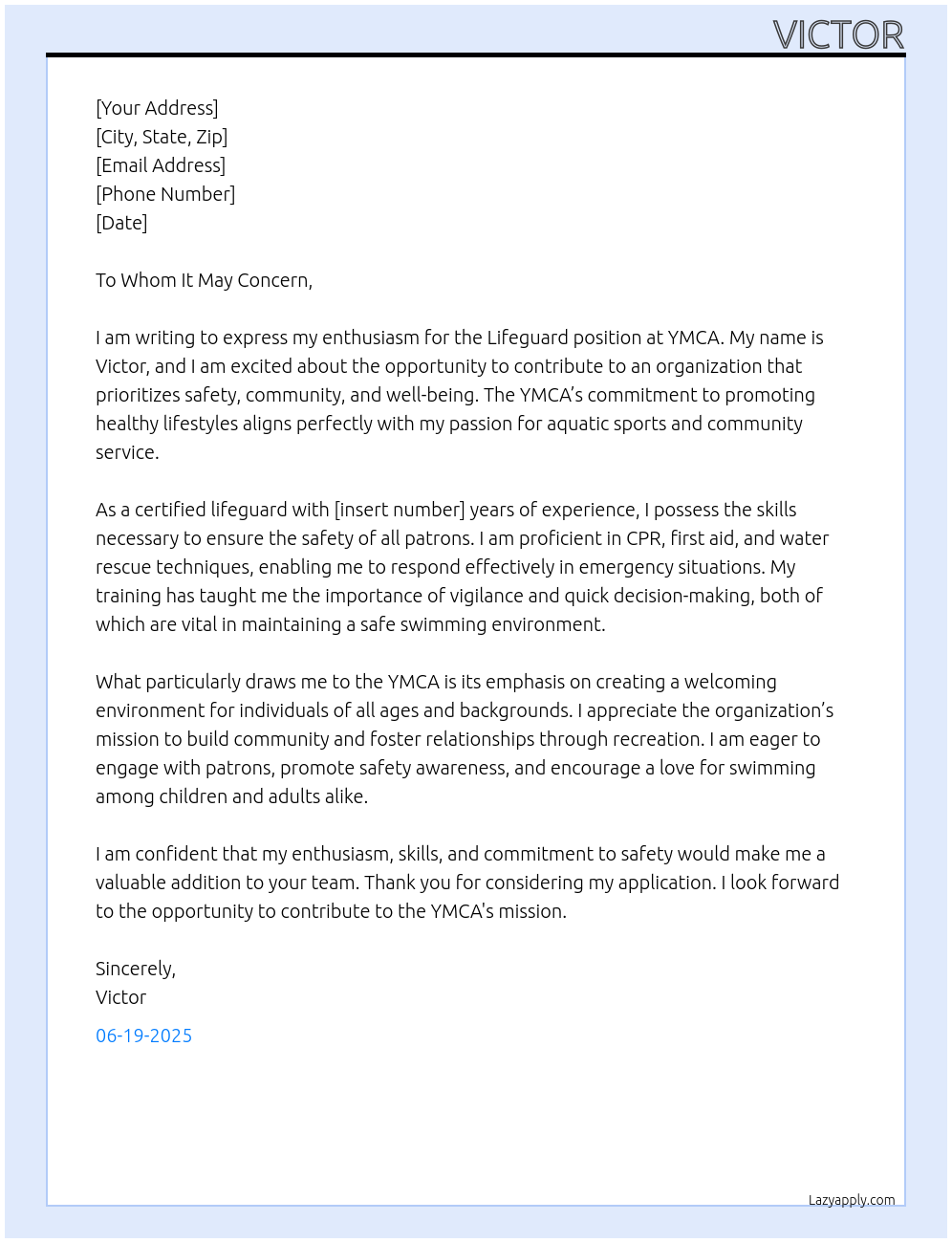 lifguard At ymca  Cover Letter