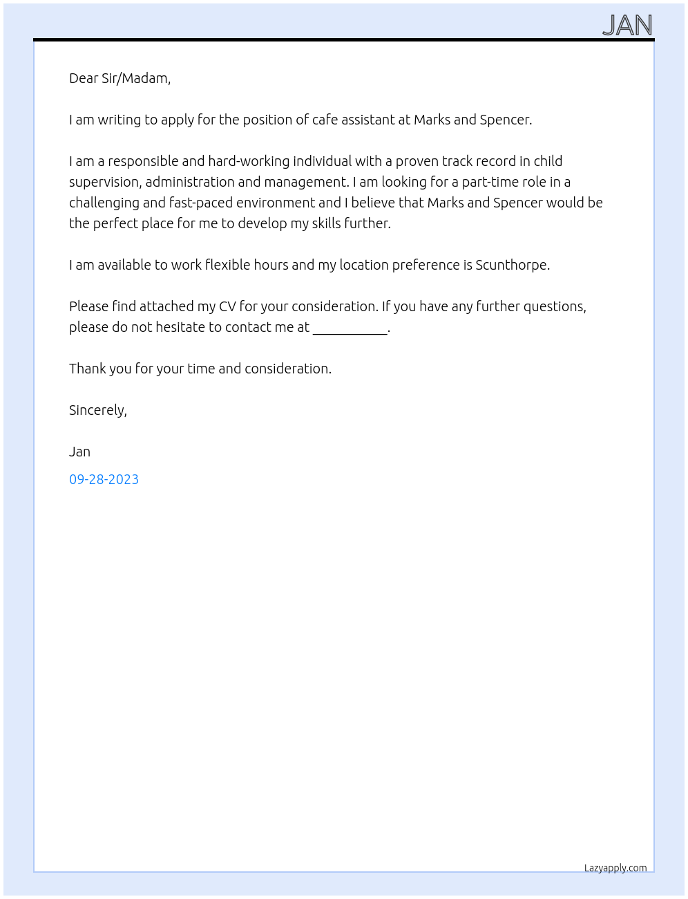 cafe At marks and spencer Cover Letter