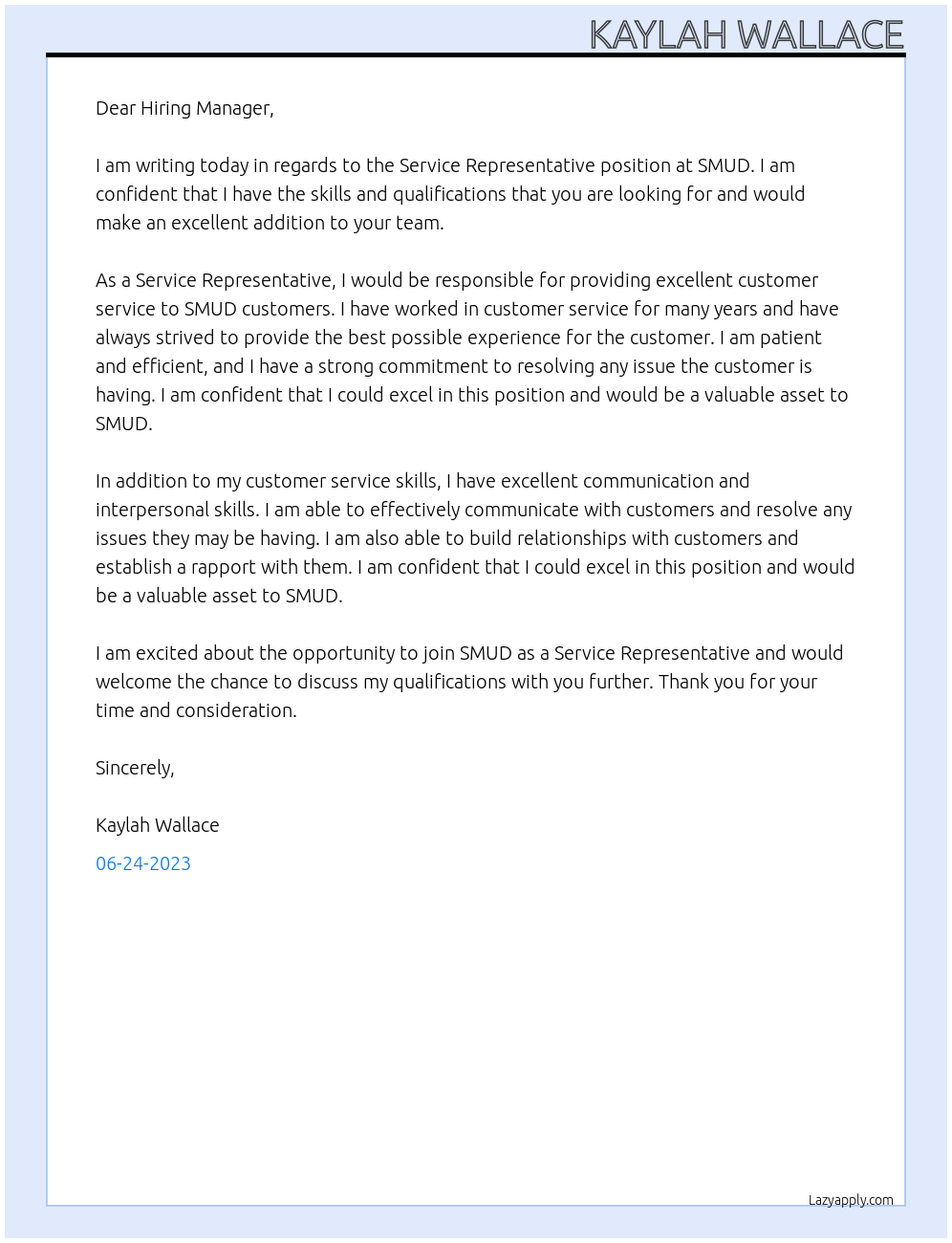 Service representative  At SMUD  Cover Letter