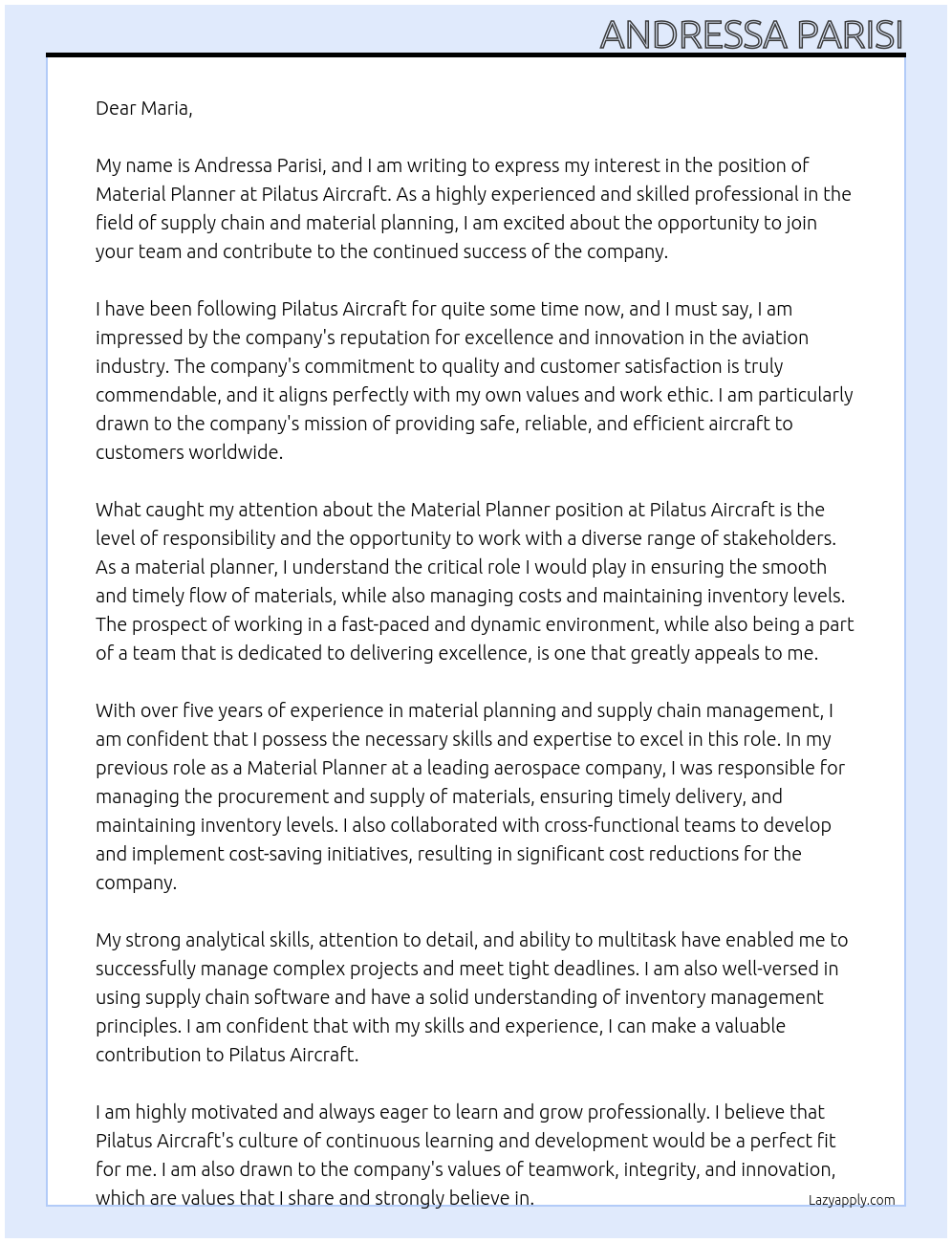 Material Planner At Pilatus Aircraft Cover Letter