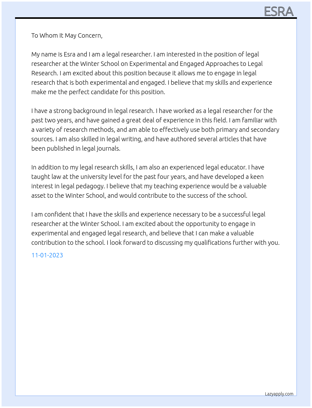 legal researcher At Winter School on Experimental and Engaged Approaches to Legal Research Cover Letter